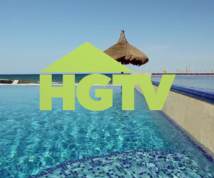 HGTV Network logo over a tropical pool setting
